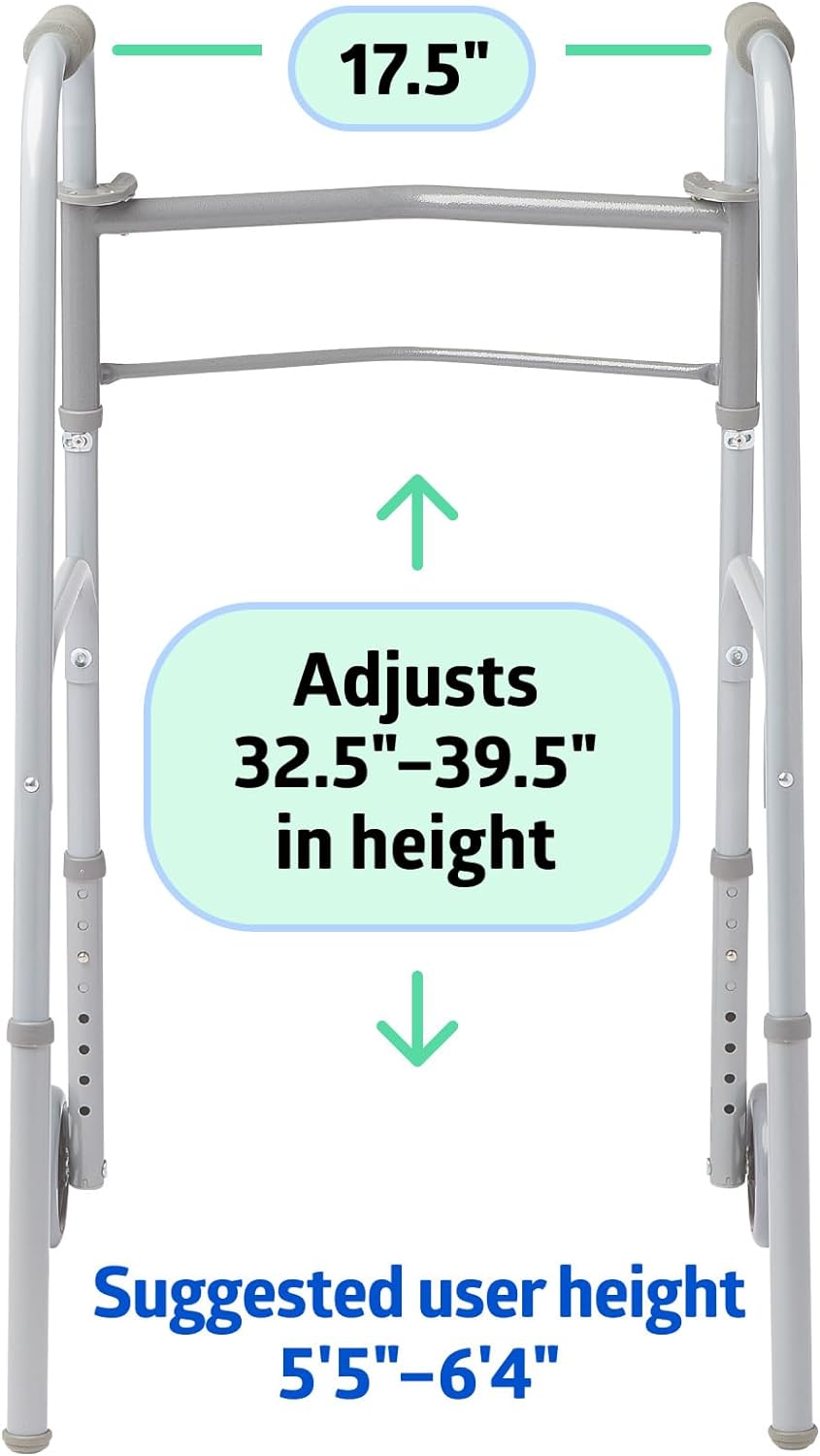 DeepTitamim-Medline Lightweight Folding Walkers for Seniors, Adults with 5” Wheels, Steel Frame Supports up to 400 lbs.
