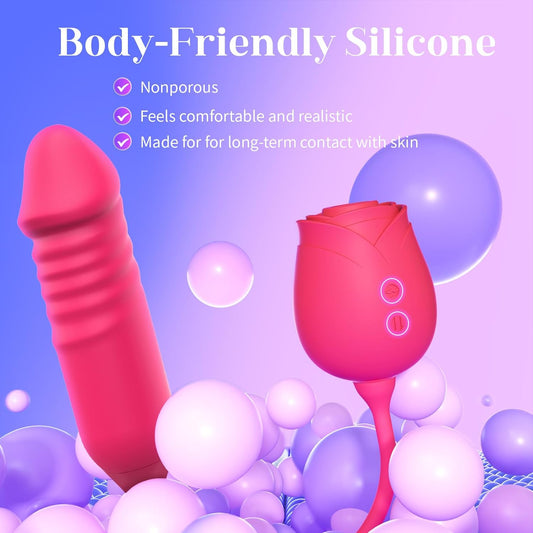 Vibrator Dildo Sex Toys for Women - Rose Sex Toy with Thrusting G Spot Vibrators & 10 Sucking Modes for Clitoral Nipple Stimulation Anal Double-Ended Dildos Adult Sex Toys Games for Couples