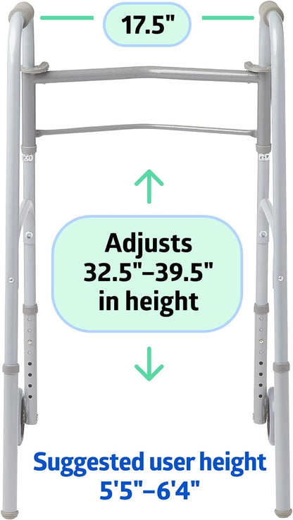 DeepTita-Medline Lightweight Folding Walkers for Seniors, Adults with 5” Wheels, Steel Frame Supports up to 400 lbs.