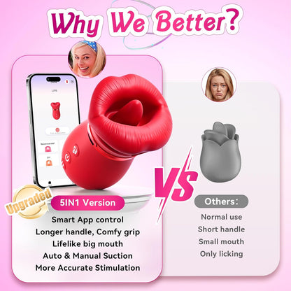 Vibrator Adult Sex Toys for Women - 5 IN 1 Mouth Sucking Vibrator Rose Sex Toy, 10 Tongue Licking, 3 Auto & 1 Manual Sucking Adult Toys New APP, Anal Clit Nipple Vibrators Female Couples Sex Toys