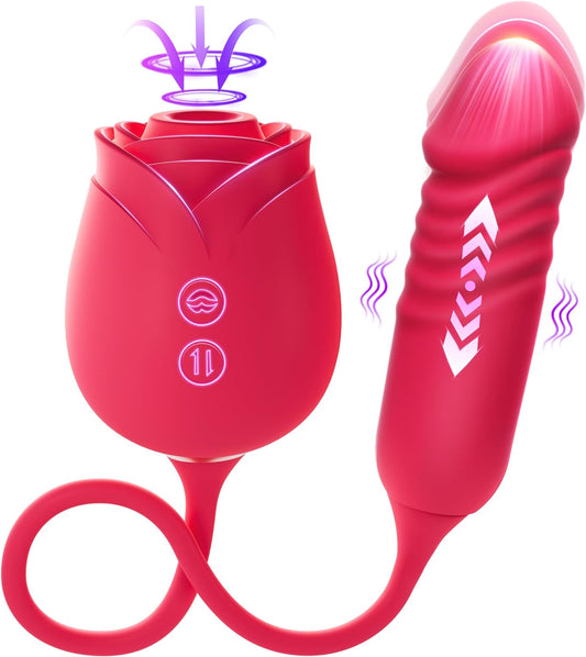 Vibrator Dildo Sex Toys for Women - Rose Sex Toy with Thrusting G Spot Vibrators & 10 Sucking Modes for Clitoral Nipple Stimulation Anal Double-Ended Dildos Adult Sex Toys Games for Couples
